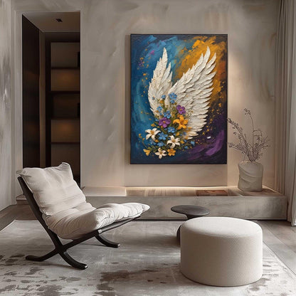 Textured Angel Wing Floral Painting, Mixed Media Canvas Art, Spiritual Wall Decor – White Floral Wall Art | Textured Mixed Me
