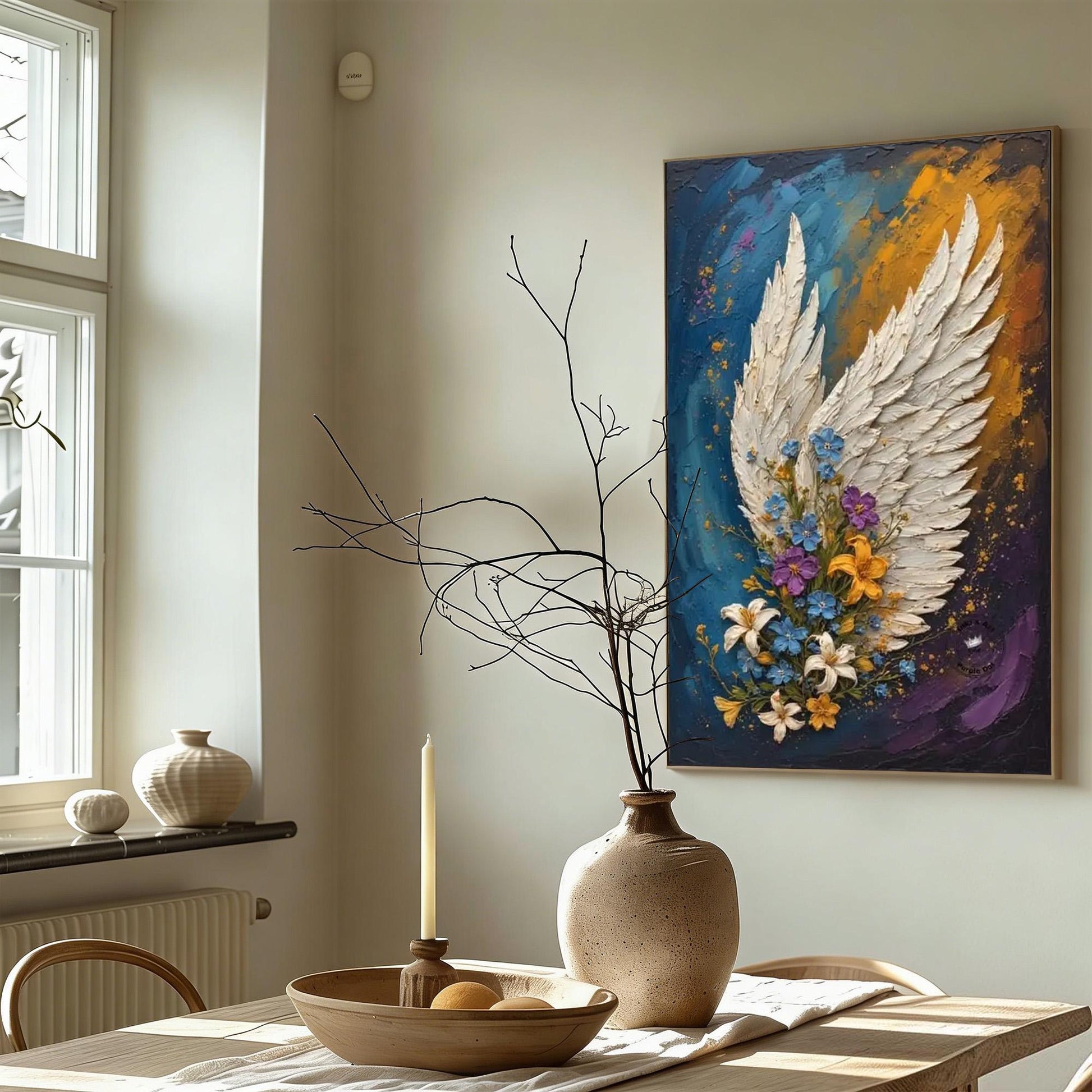 Textured Angel Wing Floral Painting, Mixed Media Canvas Art, Spiritual Wall Decor – White Floral Wall Art | Textured Mixed Me