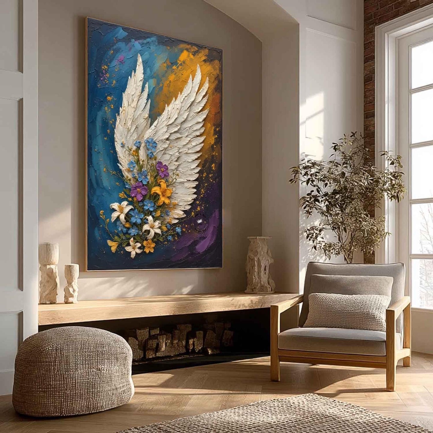 Textured Angel Wing Floral Painting, Mixed Media Canvas Art, Spiritual Wall Decor – White Floral Wall Art | Textured Mixed Me