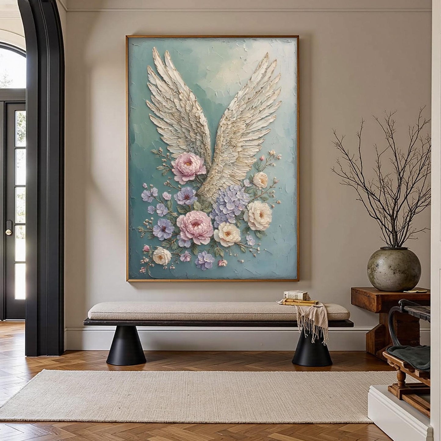Textured Angel Wings Floral Wall Art – Mixed Media Painting