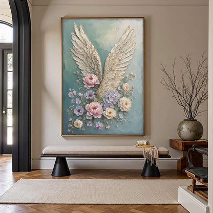 Textured Angel Wings Floral Wall Art – Mixed Media Painting