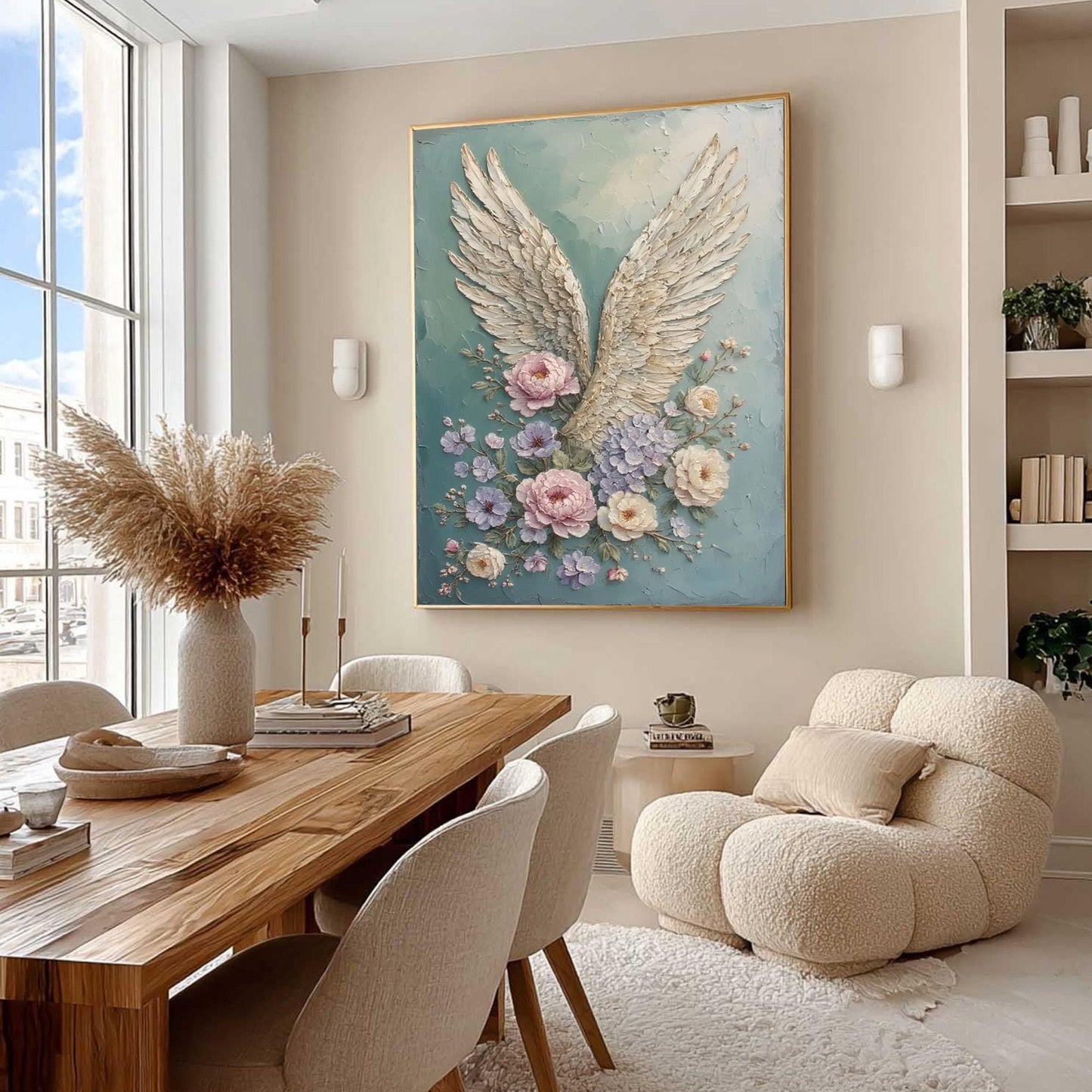 Textured Angel Wings Painting with Pastel Flowers, Mixed Media Floral Canvas Artwork – Floral Wall Art | Textured Mixed Media