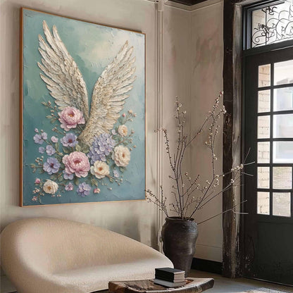 Textured Angel Wings Painting with Pastel Flowers, Mixed Media Floral Canvas Artwork – Floral Wall Art | Textured Mixed Media