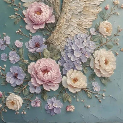 Textured Angel Wings Painting with Pastel Flowers, Mixed Media Floral Canvas Artwork – Floral Wall Art | Textured Mixed Media