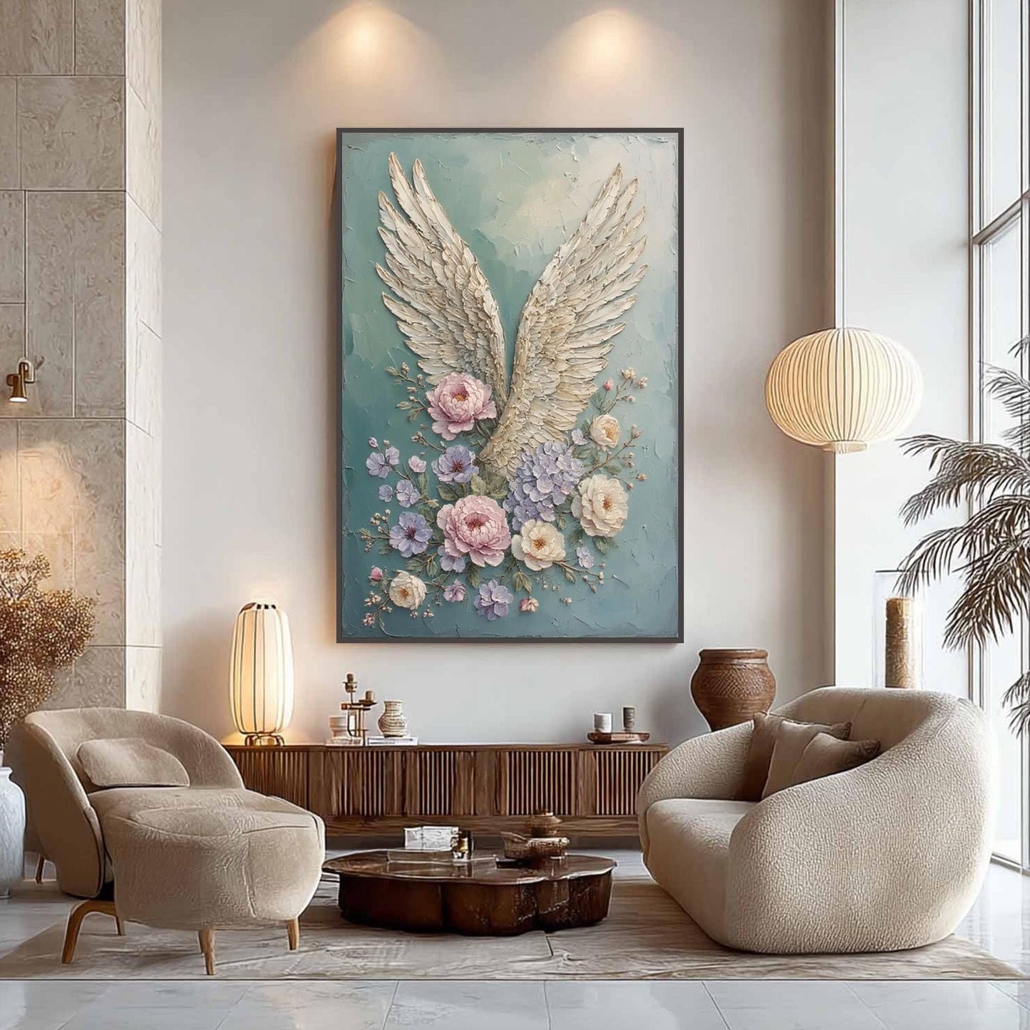 Textured Angel Wings Painting with Pastel Flowers, Mixed Media Floral Canvas Artwork – Floral Wall Art | Textured Mixed Media