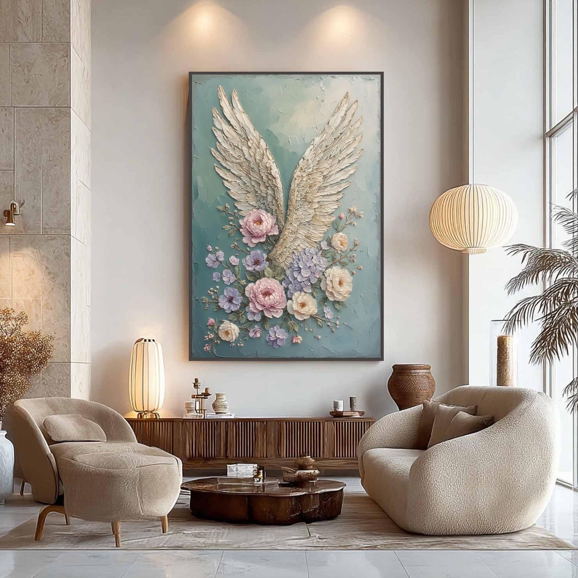 Textured Angel Wings Painting with Pastel Flowers, Mixed Media Floral Canvas Artwork – Floral Wall Art | Textured Mixed Media
