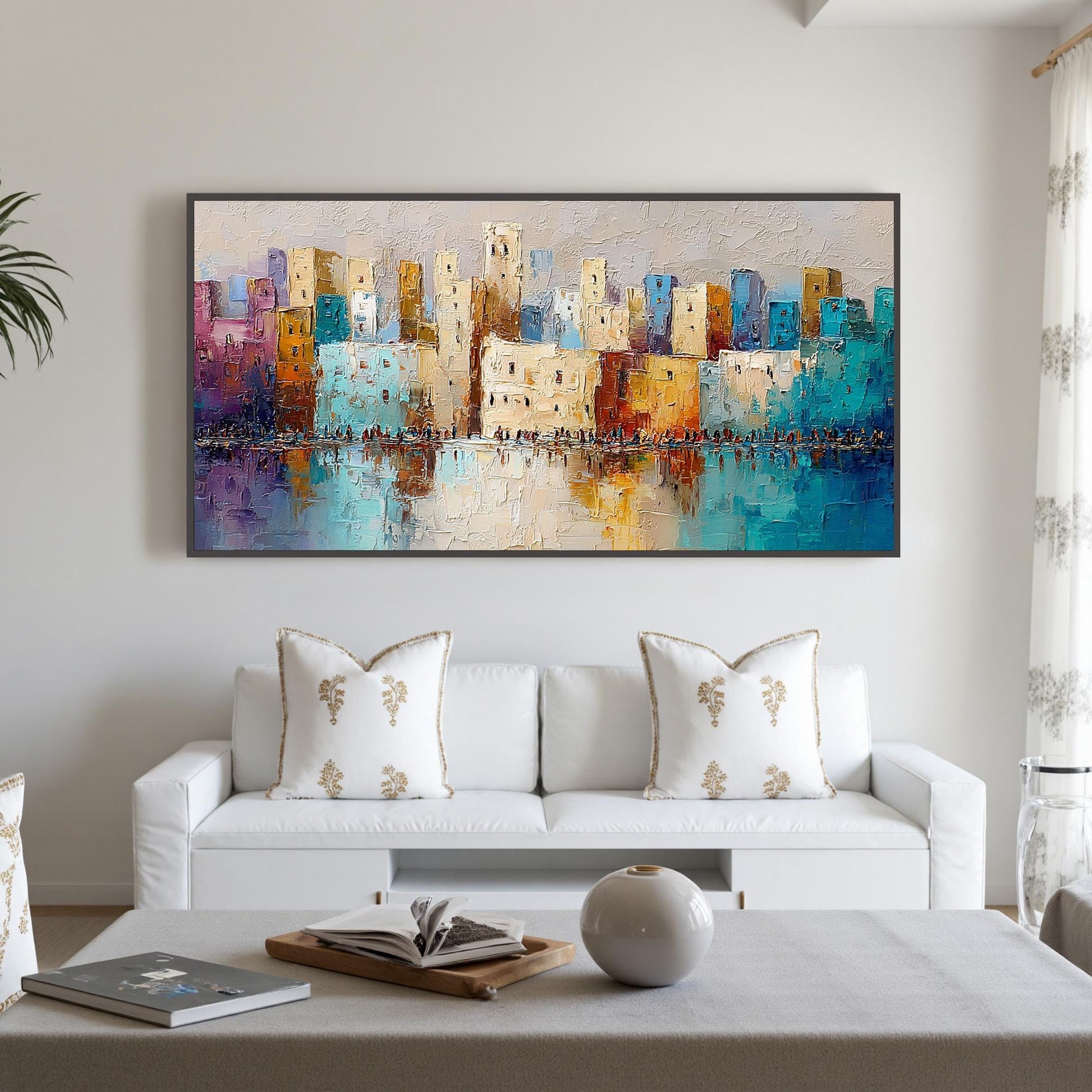 Vibrant Cityscape – Colorful Cityscape City Architecture Wall Art | Abstract Textured Oil Painting, view 1