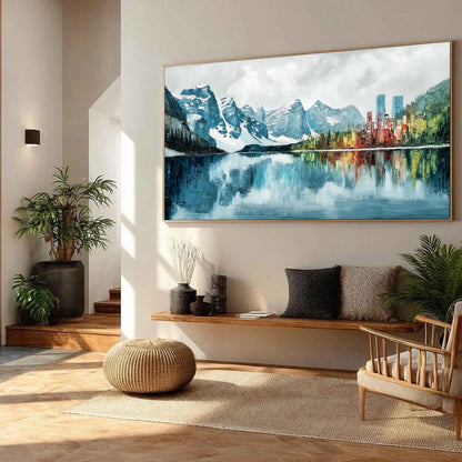 Textured Impasto Mountain Lake Painting, City Reflection Alpine Canvas, Blue Green Wall Art – Colorful Alpine Mountain Wall A