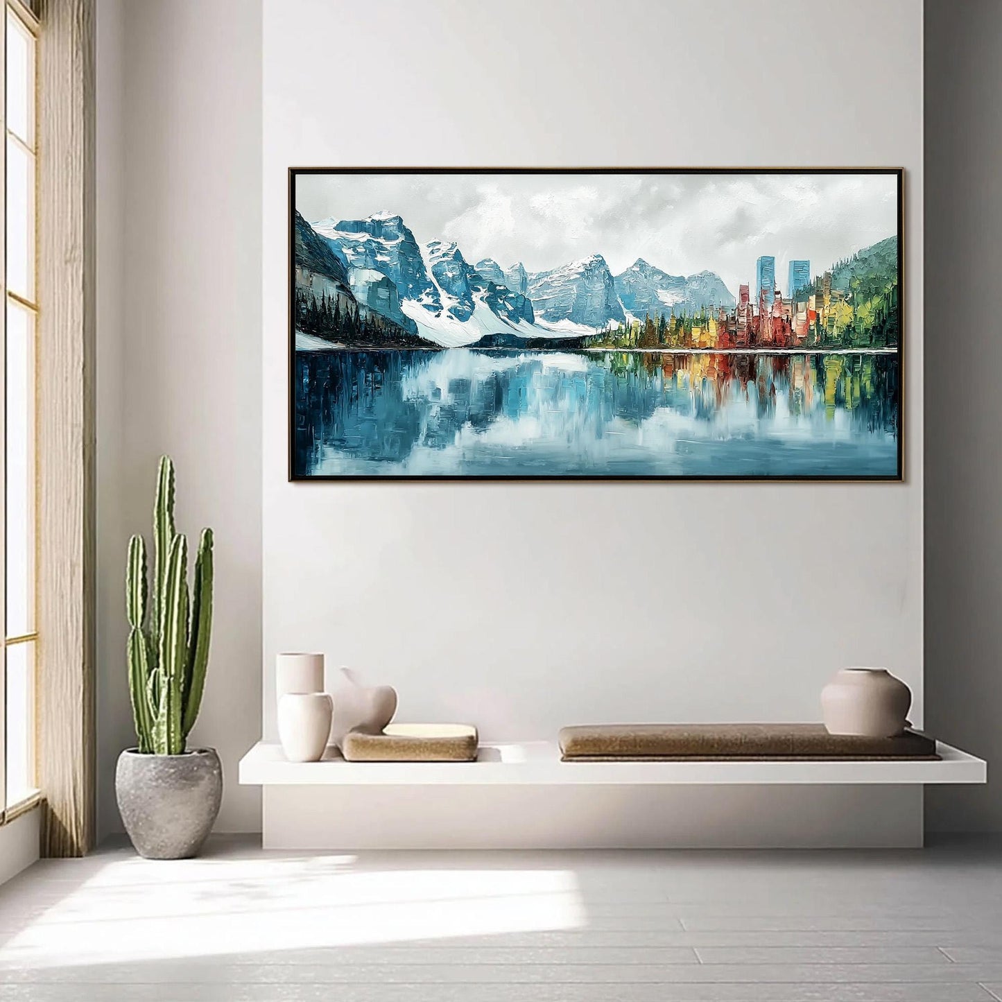 Textured Impasto Mountain Lake Painting, City Reflection Alpine Canvas, Blue Green Wall Art – Colorful Alpine Mountain Wall A