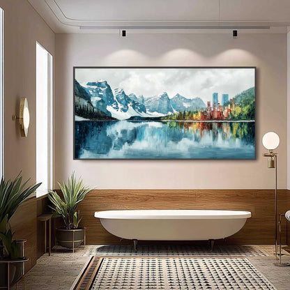 Textured Impasto Mountain Lake Painting, City Reflection Alpine Canvas, Blue Green Wall Art – Colorful Alpine Mountain Wall A
