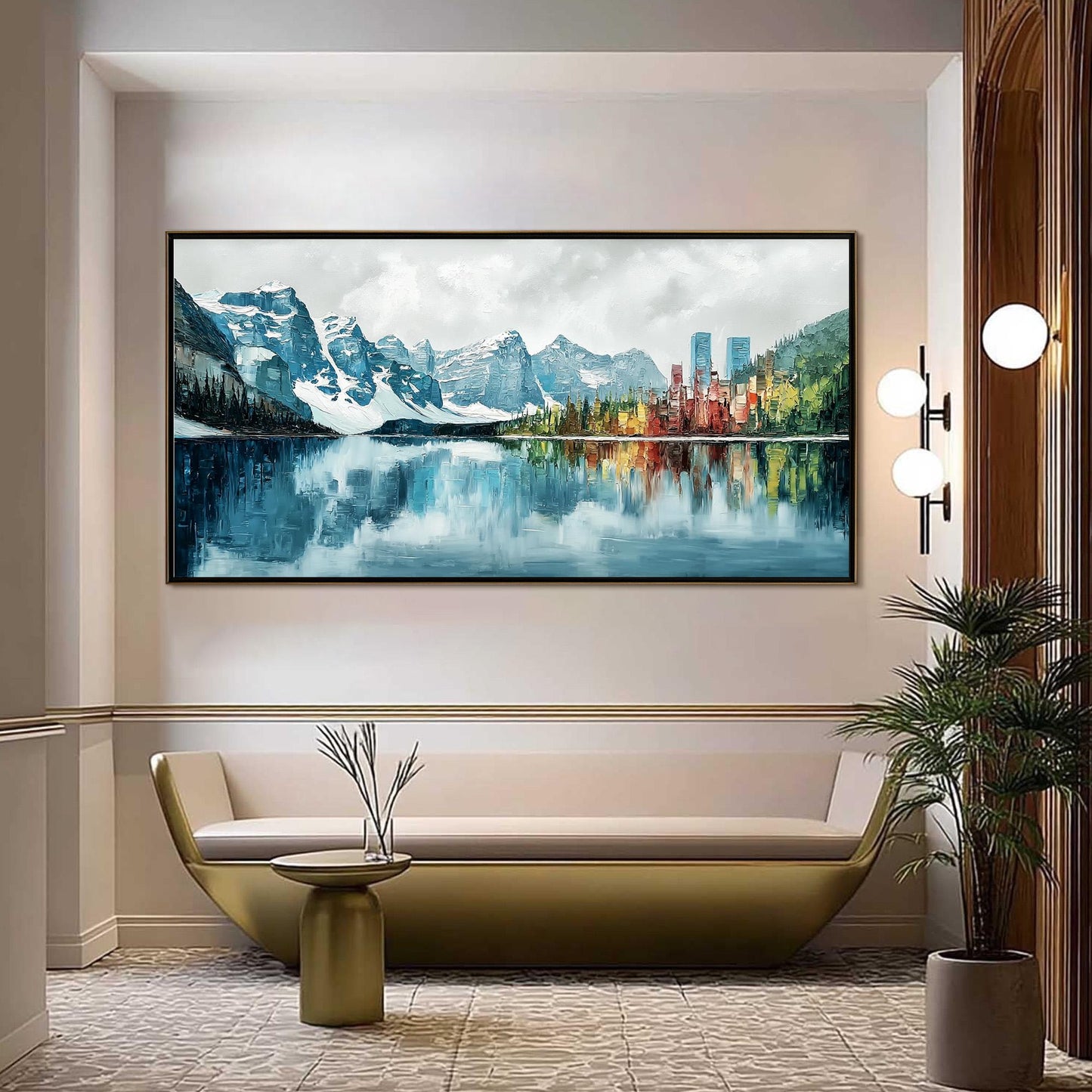 Textured Impasto Mountain Lake Painting, City Reflection Alpine Canvas, Blue Green Wall Art – Colorful Alpine Mountain Wall A