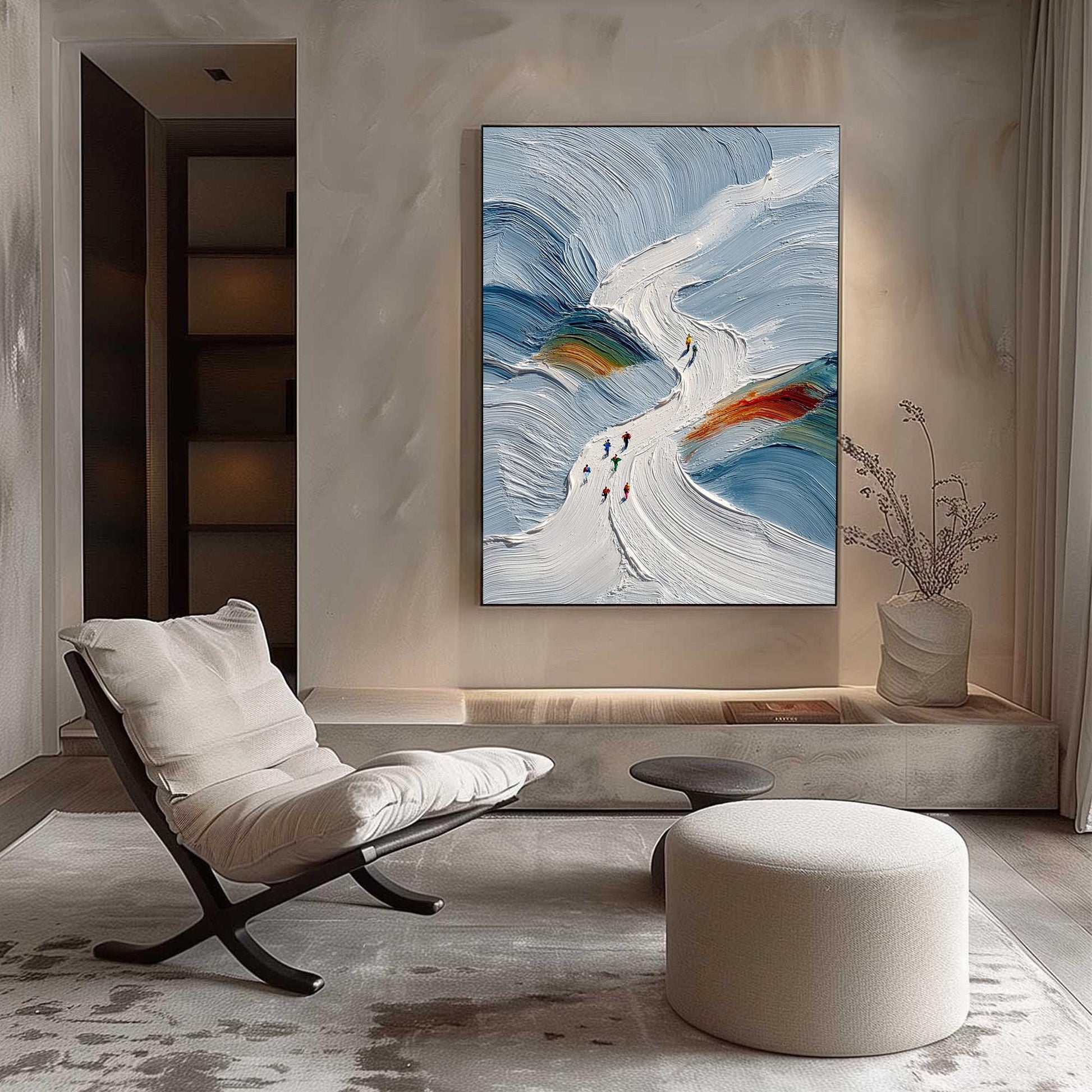 Textured Ski Slope Impasto Painting, Snowy Abstract Skiers Canvas Art – Colorful Abstract Wall Art | Impasto Painting, view 4