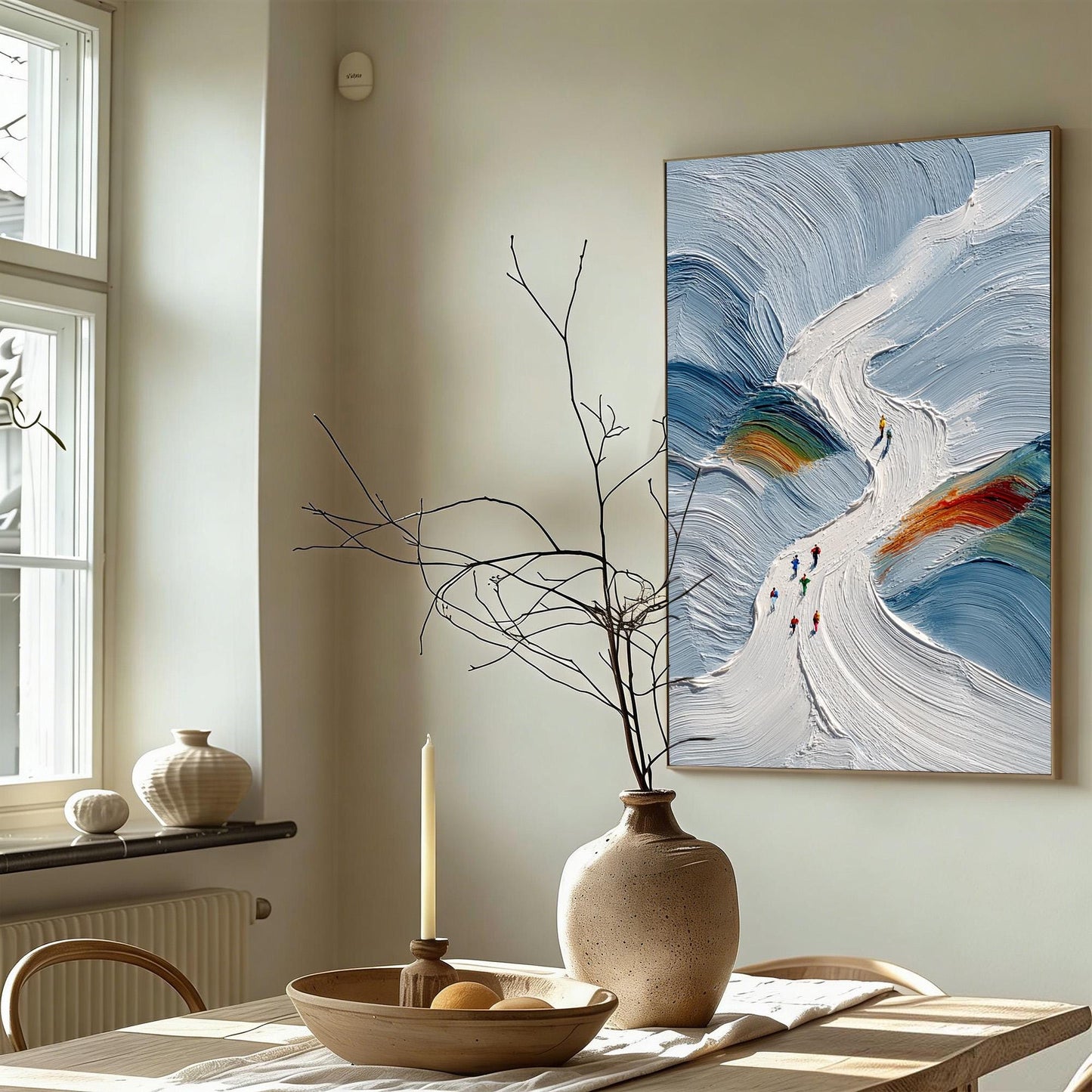 Textured Ski Slope Impasto Painting, Snowy Abstract Skiers Canvas Art – Colorful Abstract Wall Art | Impasto Painting, view 3