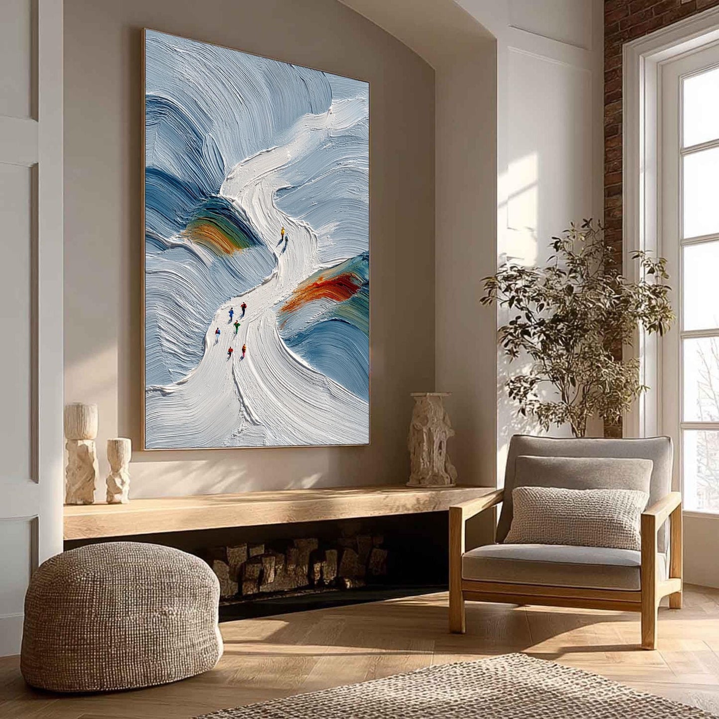 Textured Ski Slope Impasto Painting, Snowy Abstract Skiers Canvas Art – Colorful Abstract Wall Art | Impasto Painting, view 2