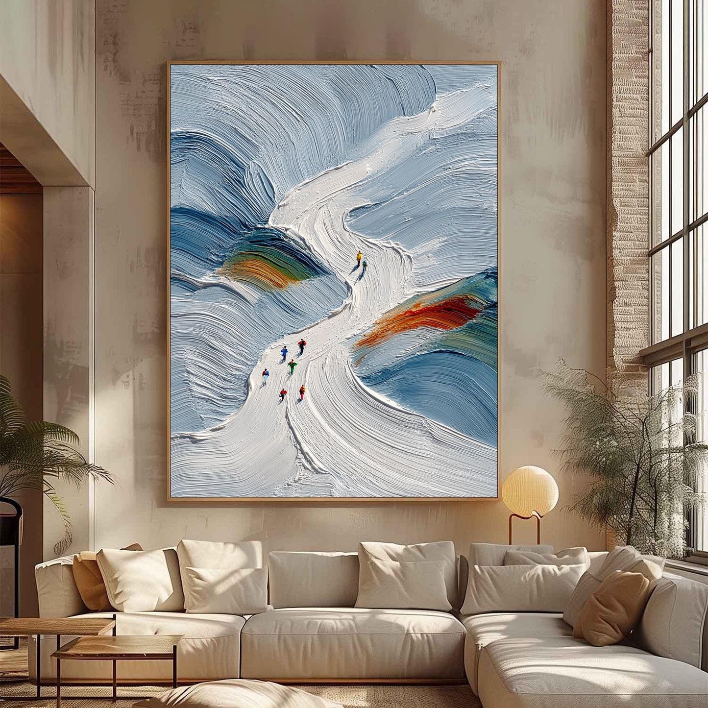 Textured Ski Slope Impasto Painting, Snowy Abstract Skiers Canvas Art – Colorful Abstract Wall Art | Impasto Painting, view 1