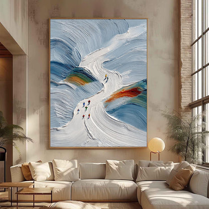 Textured Ski Slope Impasto Painting, Snowy Abstract Skiers Canvas Art – Colorful Abstract Wall Art | Impasto Painting, view 1