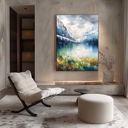 Blue and Green Impasto Mountain Lake Landscape Wall Art