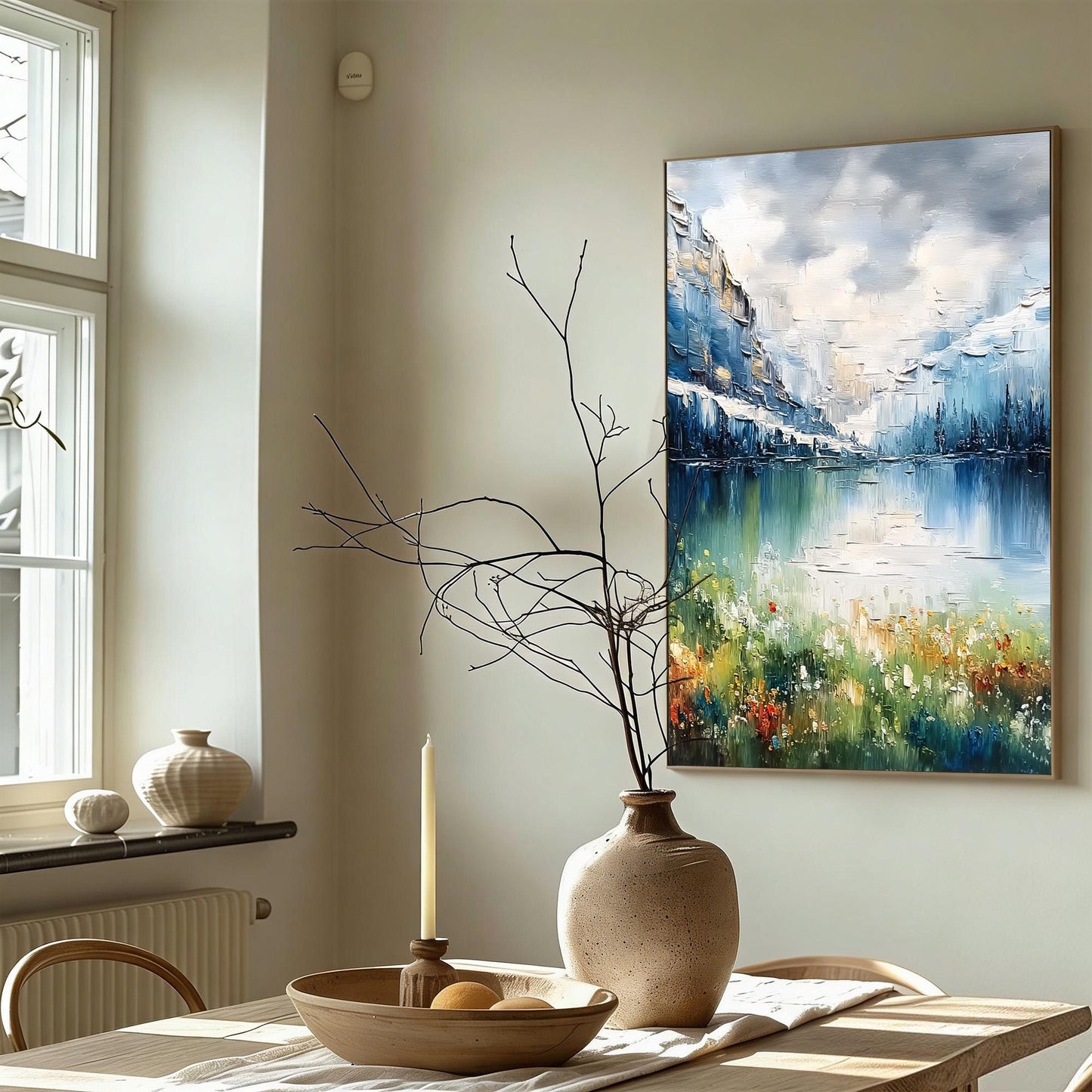 Textured Mountain Lake Painting, Impasto Landscape Canvas, Blue Green Floral Shoreline, Modern Wall Art – Blue and Green Lake