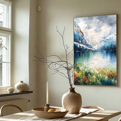 Textured Mountain Lake Painting, Impasto Landscape Canvas, Blue Green Floral Shoreline, Modern Wall Art – Blue and Green Lake
