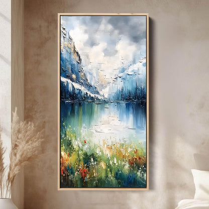 Textured Mountain Lake Painting, Impasto Landscape Canvas, Blue Green Floral Shoreline, Modern Wall Art – Blue and Green Lake