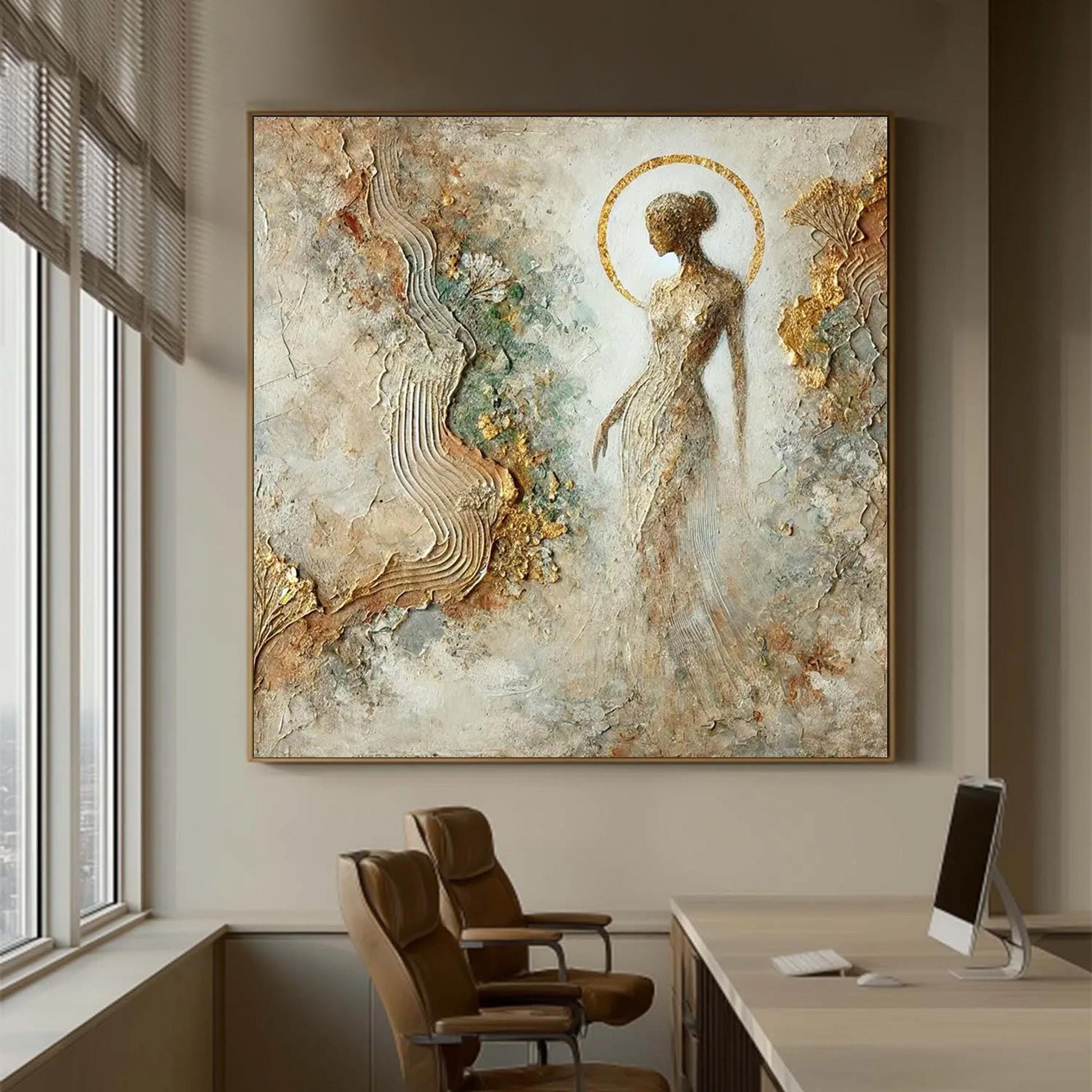 Textured Goddess Painting, Mixed Media Female Figure Art, Gold Leaf Relief, Neutral Wall Decor – Gold Female Figure Portrait 