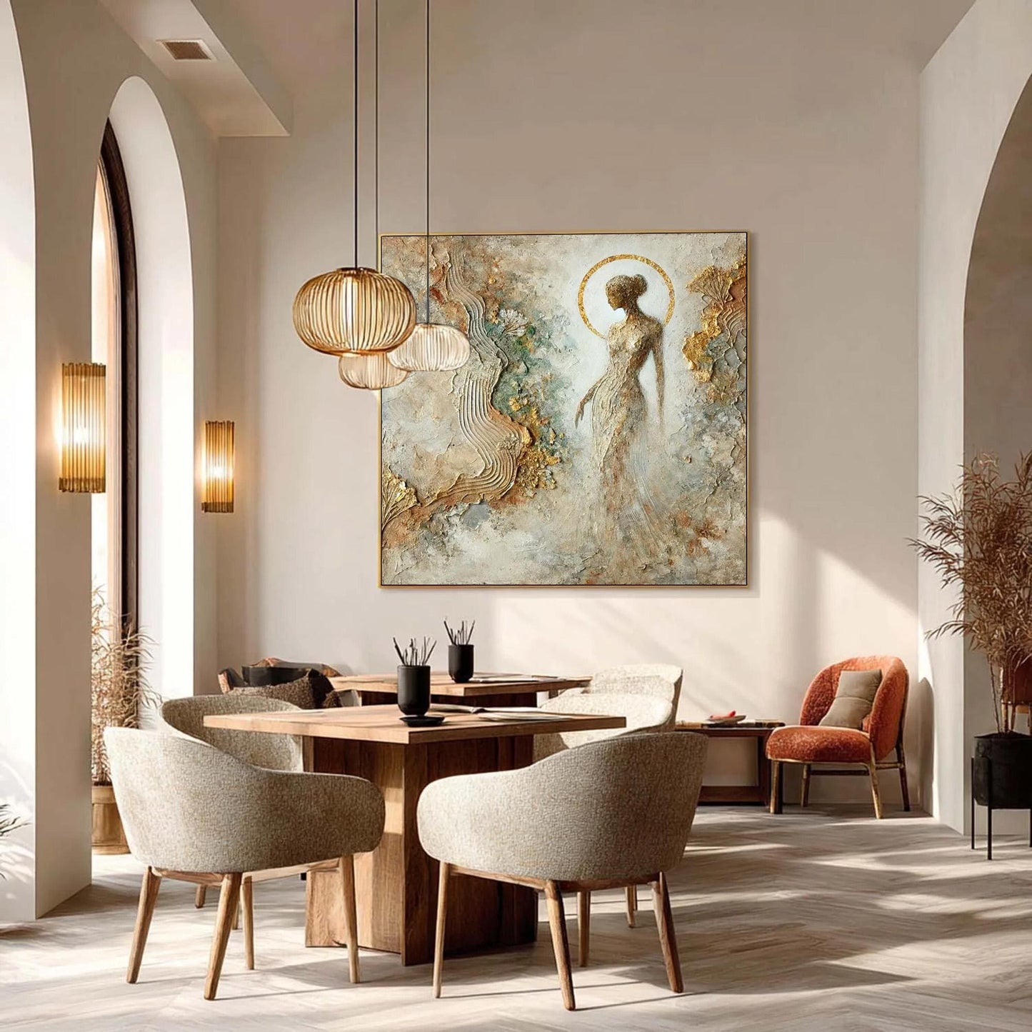 Gold Textured Female Figure Portrait Wall Art – Mixed Media Goddess Painting