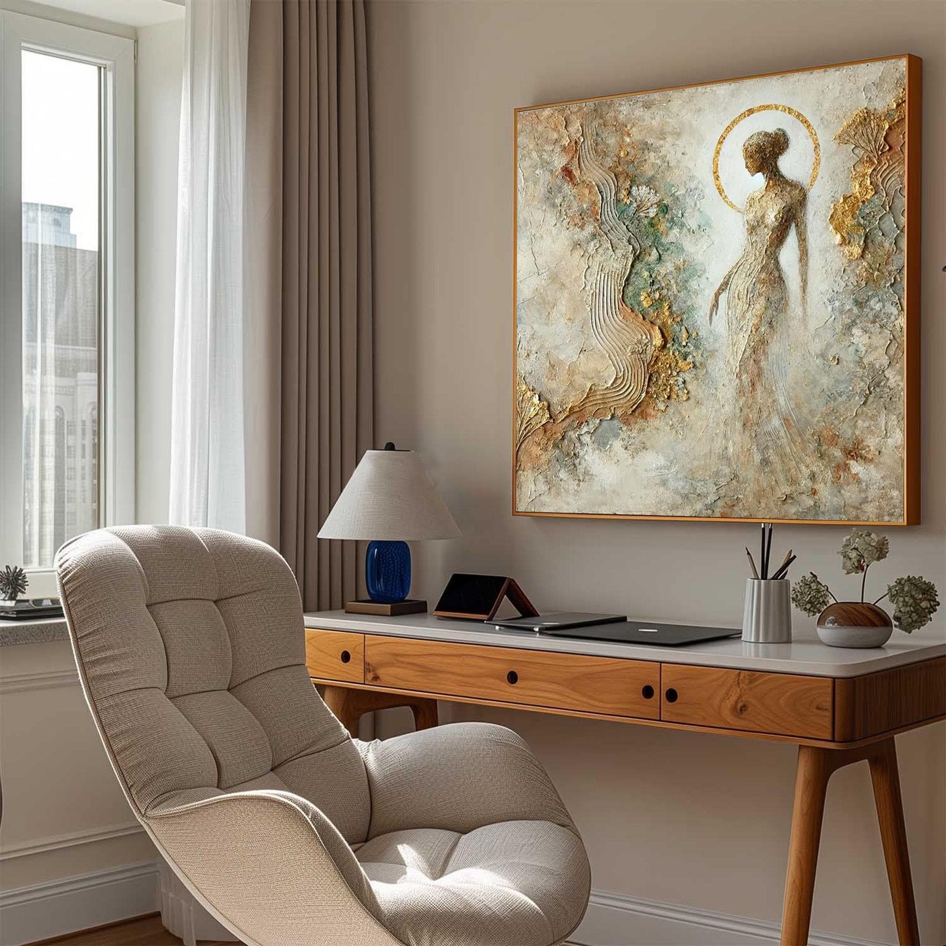 Textured Goddess Painting, Mixed Media Female Figure Art, Gold Leaf Relief, Neutral Wall Decor – Gold Female Figure Portrait 