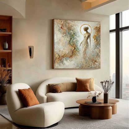 Textured Goddess Painting, Mixed Media Female Figure Art, Gold Leaf Relief, Neutral Wall Decor – Gold Female Figure Portrait 