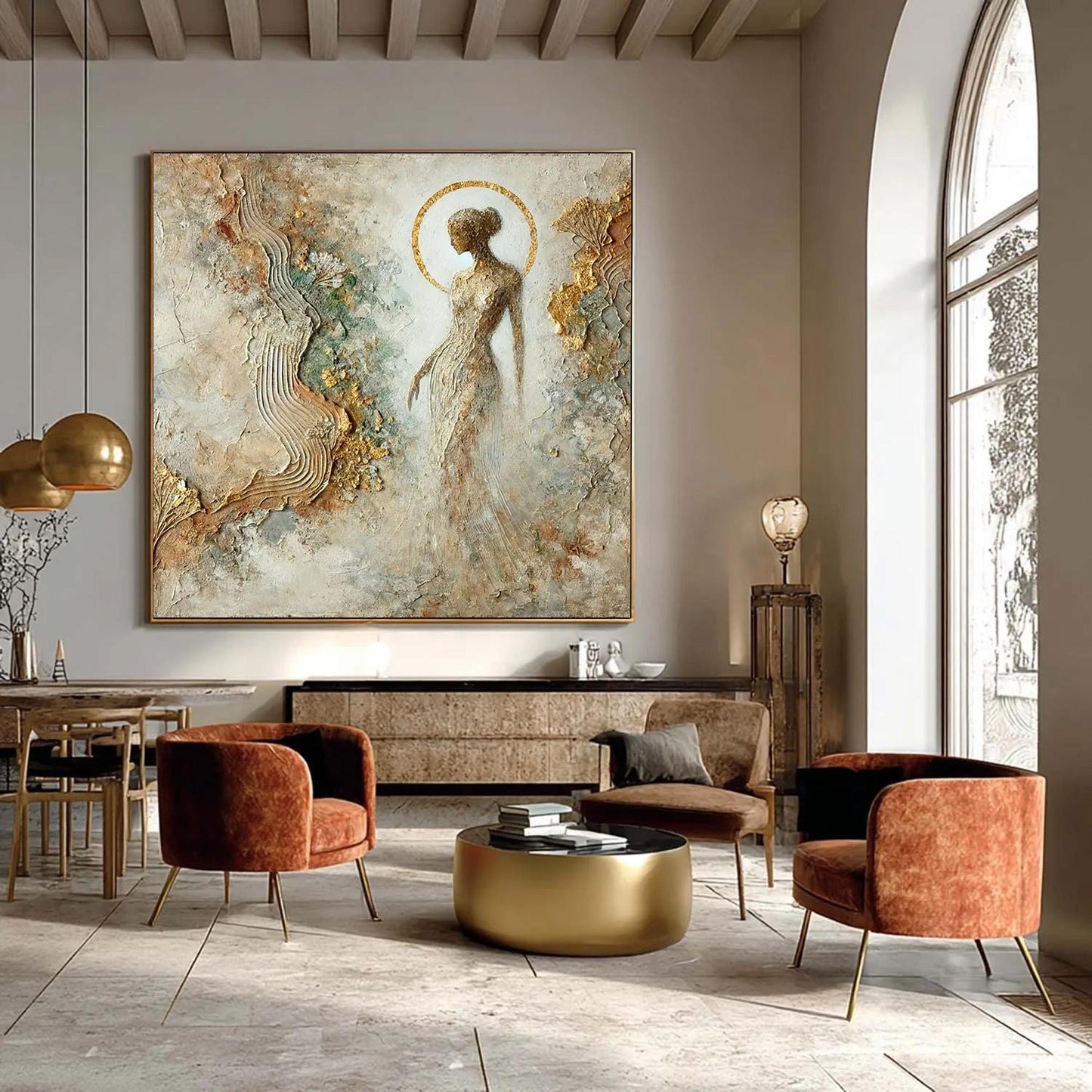 Textured Goddess Painting, Mixed Media Female Figure Art, Gold Leaf Relief, Neutral Wall Decor – Gold Female Figure Portrait 