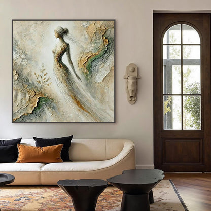 Gold Textured Female Figure Portrait Wall Art – Mixed Media Painting