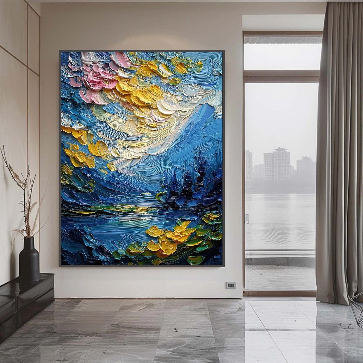 Blue and Gold Abstract Impasto Lake Landscape Wall Art
