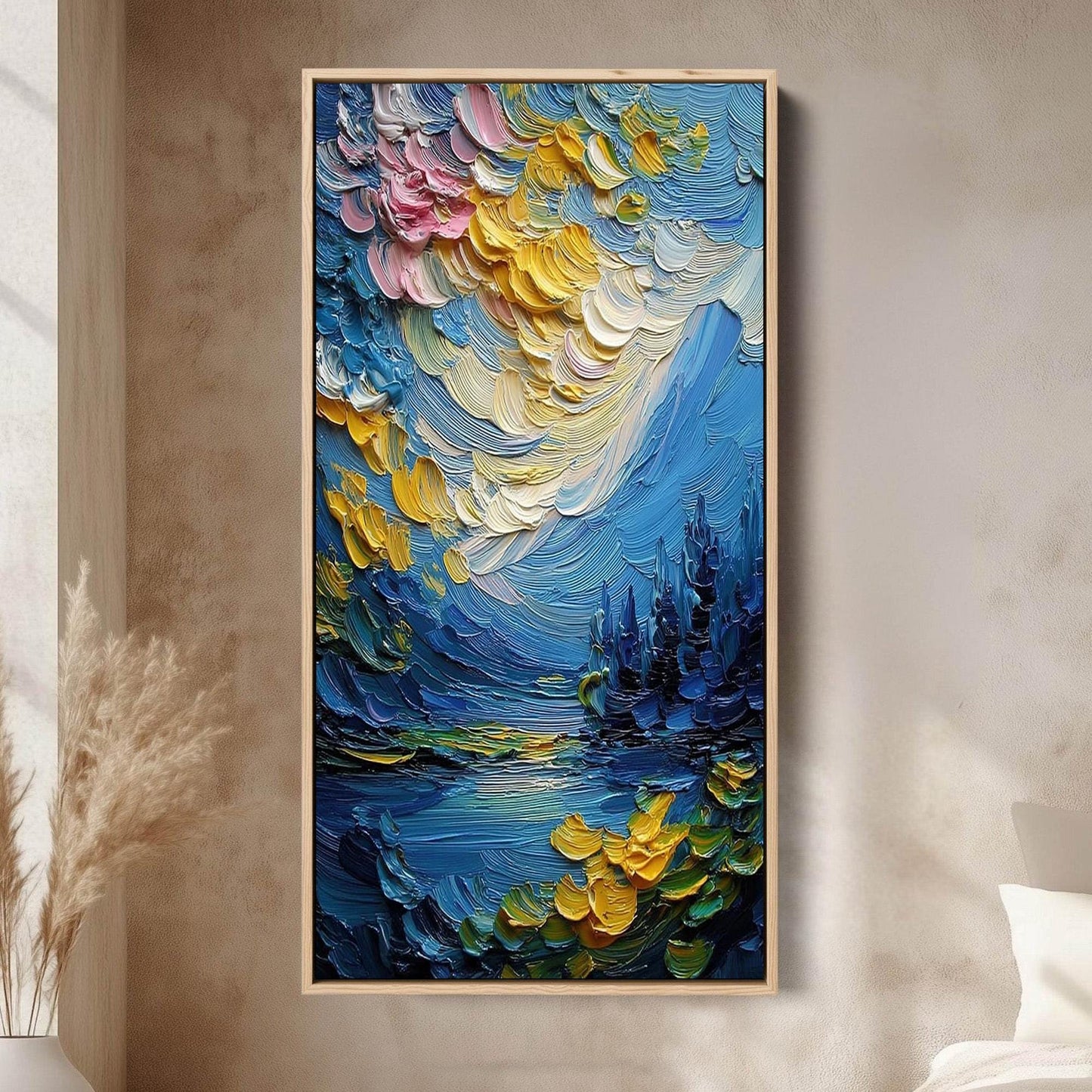 Textured Impasto Landscape Painting, Moody Blue Lake Scene, Gold Highlights, Abstract Wall Art – Blue and Gold Lake Landscape