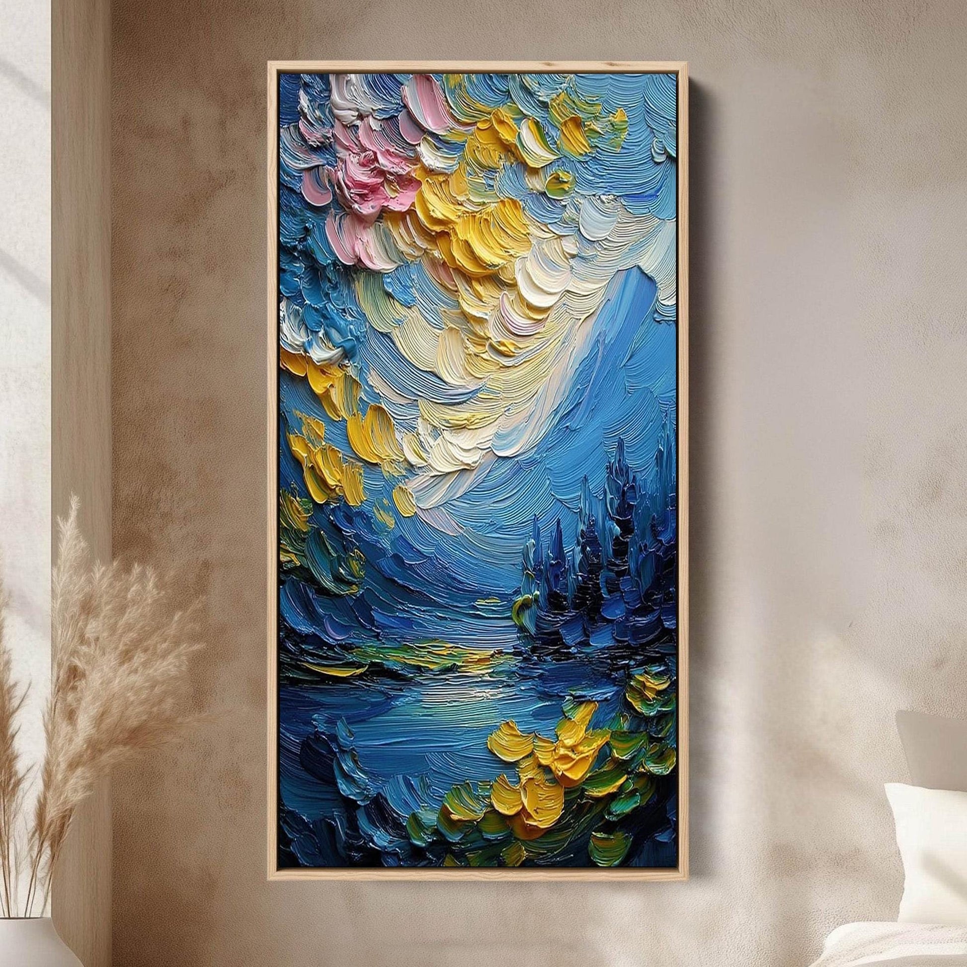 Textured Impasto Landscape Painting, Moody Blue Lake Scene, Gold Highlights, Abstract Wall Art – Blue and Gold Lake Landscape