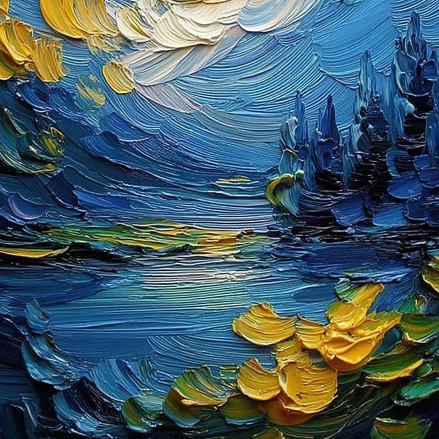 Blue and Gold Abstract Impasto Lake Landscape Wall Art