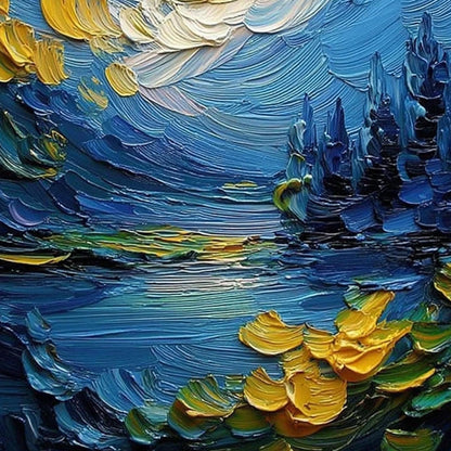 Blue and Gold Abstract Impasto Lake Landscape Wall Art