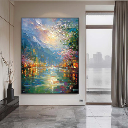 Colorful Impasto Riverscape Painting with City Lights and Blossoms – 3D Texture Wall Art