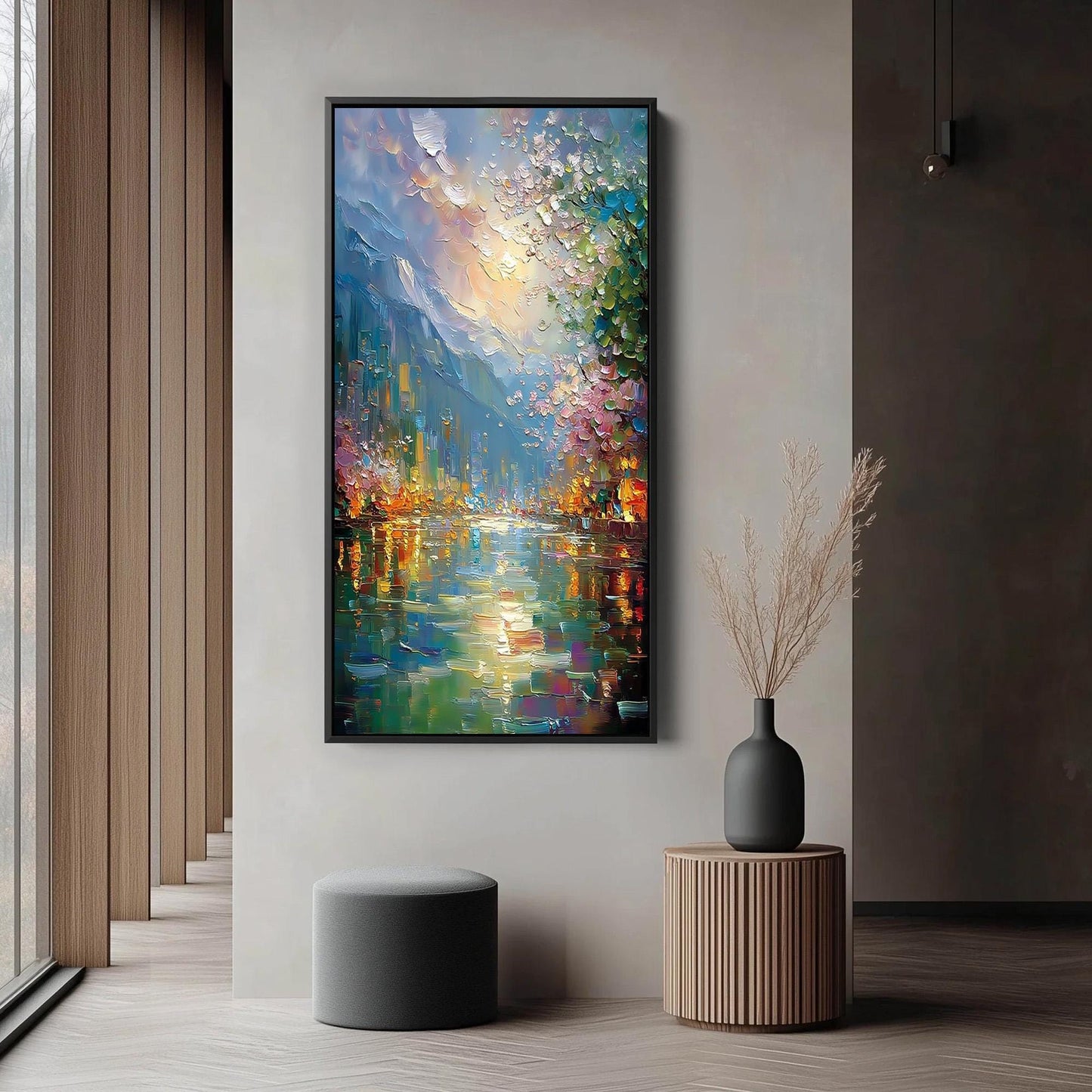 Textured Impasto Riverscape Painting, City Reflections, Blossoms, Pastel Sky Art – Colorful Celestial 3D Texture Wall Art | I