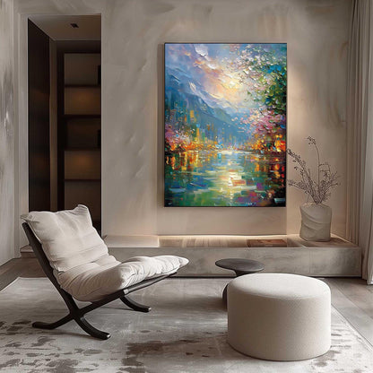 Colorful Impasto Riverscape Painting with City Lights and Blossoms – 3D Texture Wall Art