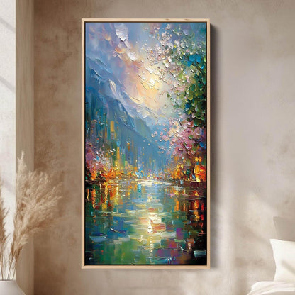 Colorful Impasto Riverscape Painting with City Lights and Blossoms – 3D Texture Wall Art