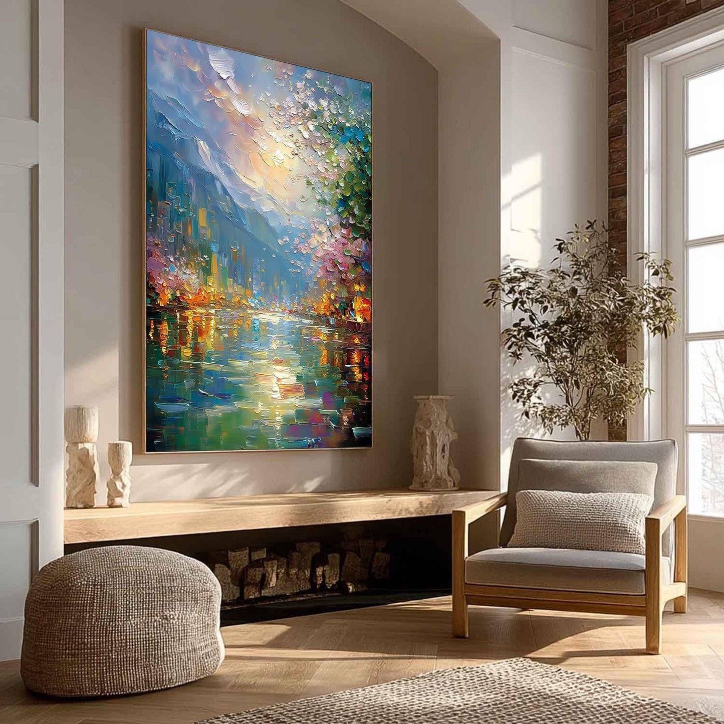 Textured Impasto Riverscape Painting, City Reflections, Blossoms, Pastel Sky Art – Colorful Celestial 3D Texture Wall Art | I