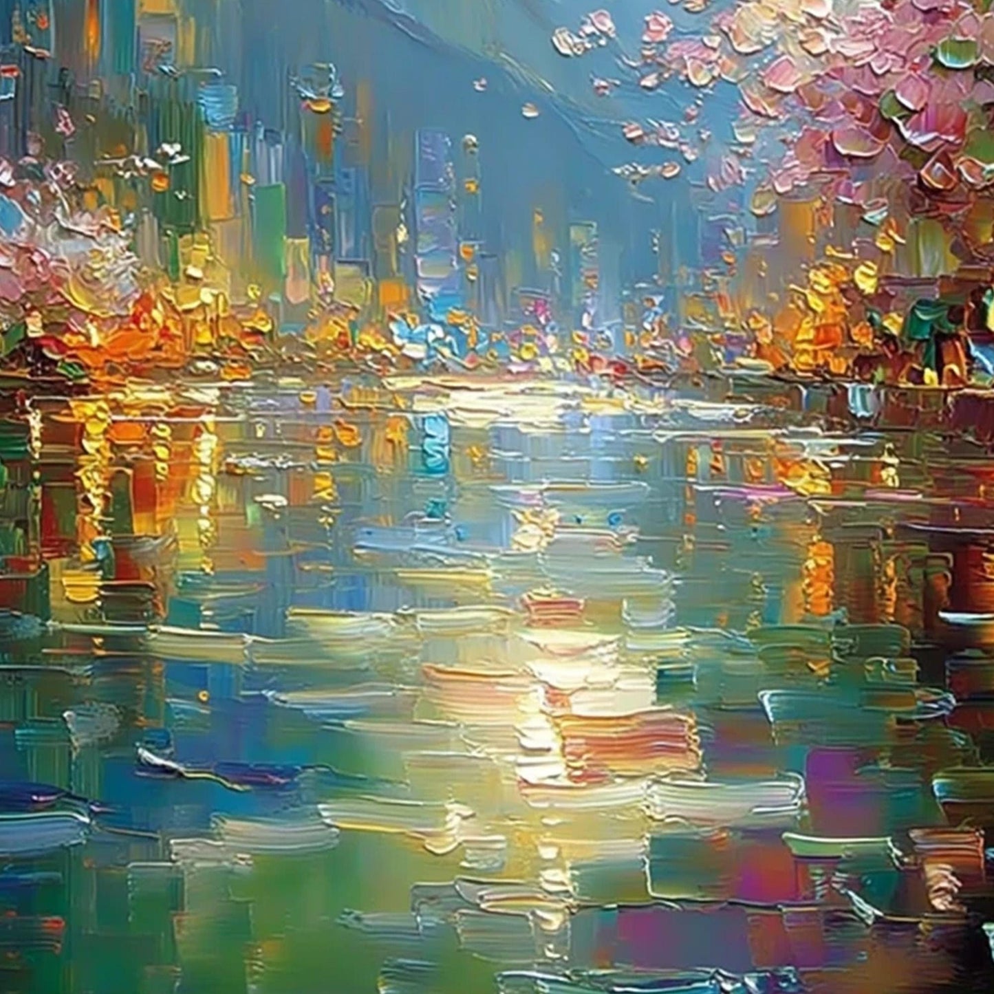 Colorful Impasto Riverscape Painting with City Lights and Blossoms – 3D Texture Wall Art