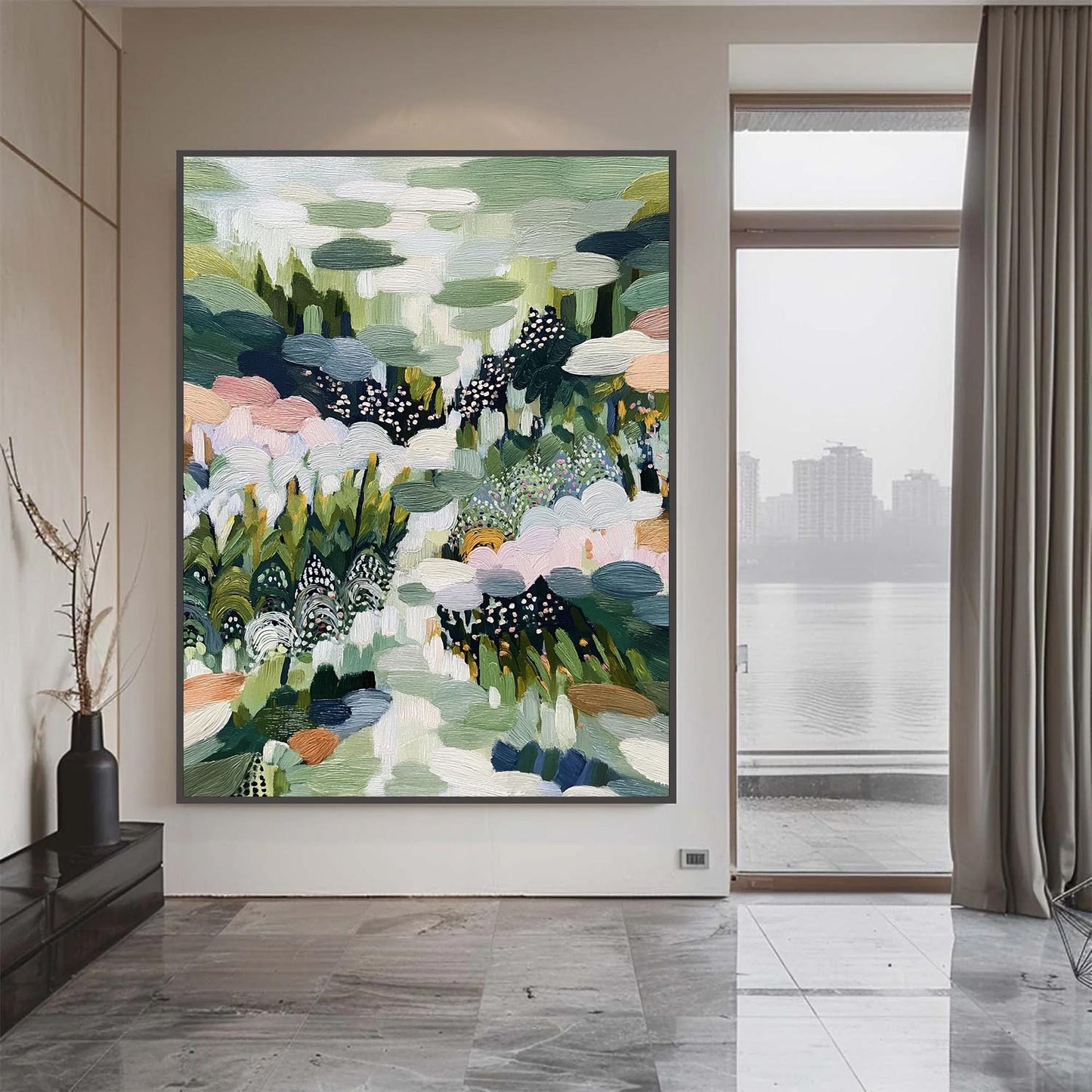Green and Pink Impasto Floral Wall Art – Textured Garden Painting