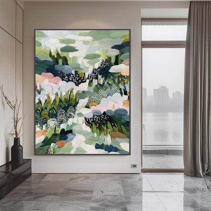 Green and Pink Impasto Floral Wall Art – Textured Garden Painting