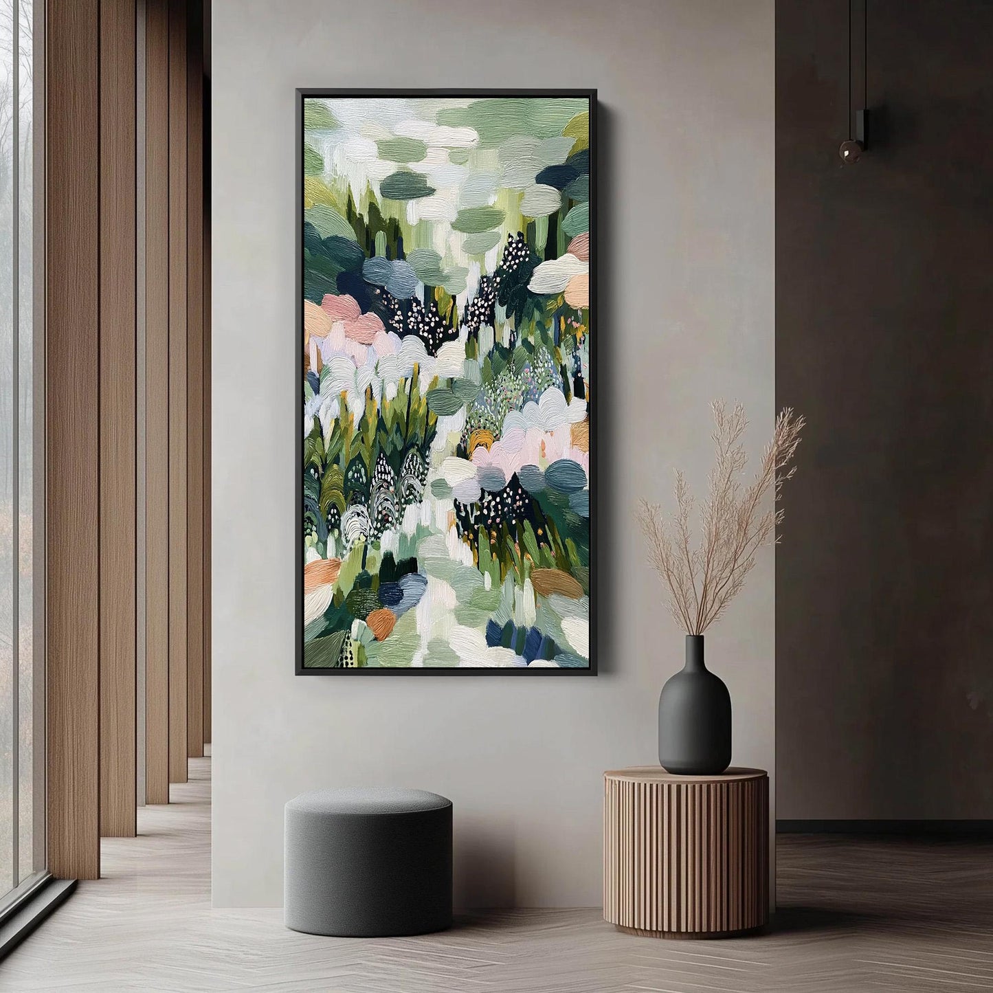 Textured Garden Painting, Green Pink Floral Impasto Canvas, Botanical Wall Art – Green and Pink Floral Wall Art | Impasto Pai