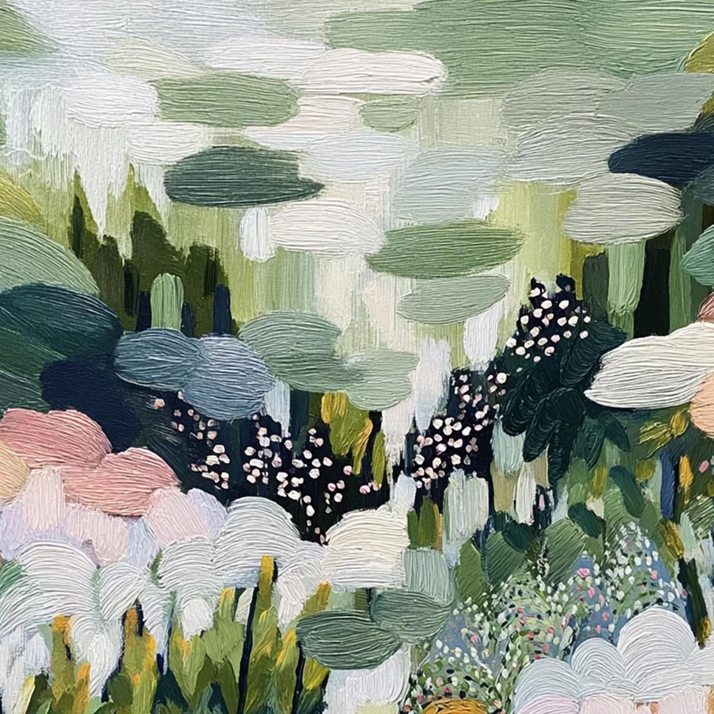 Textured Garden Painting, Green Pink Floral Impasto Canvas, Botanical Wall Art – Green and Pink Floral Wall Art | Impasto Pai