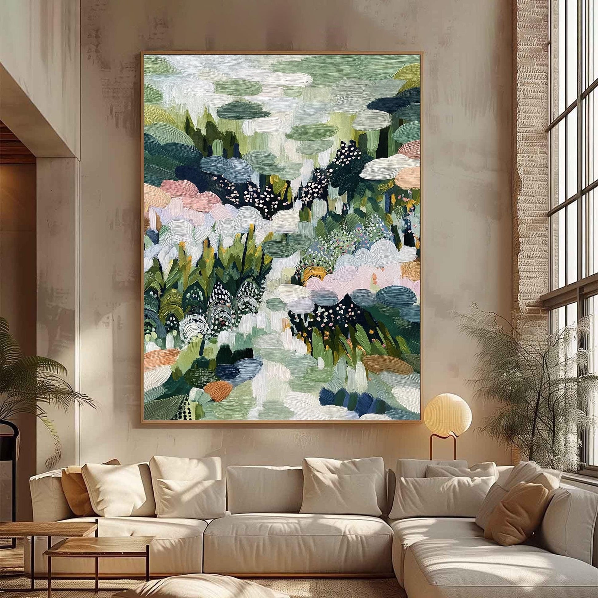 Textured Garden Painting, Green Pink Floral Impasto Canvas, Botanical Wall Art – Green and Pink Floral Wall Art | Impasto Pai