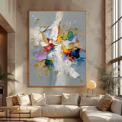 Colorful Abstract Impasto Floral Wall Art – Textured Painting with Gold Accents