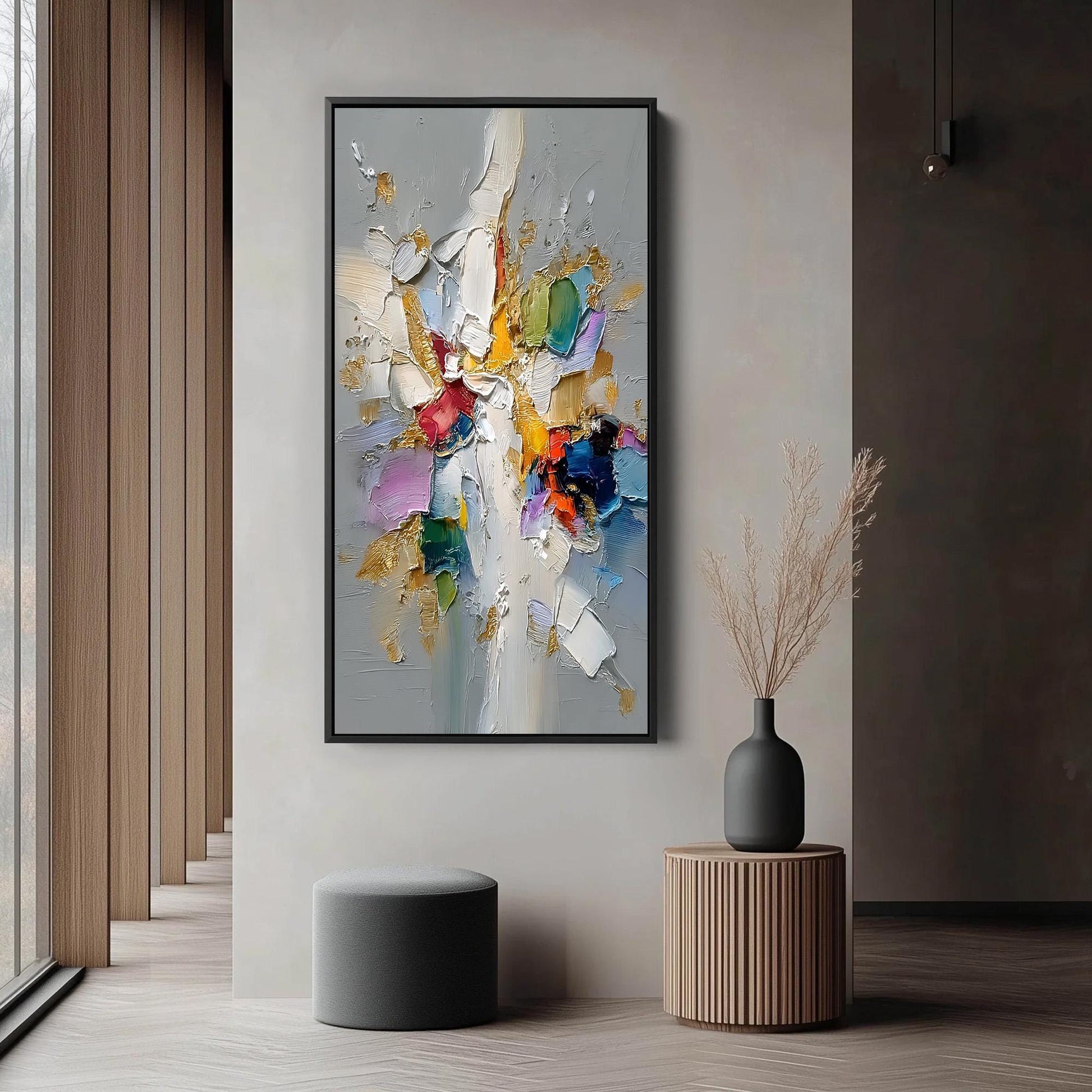 Abstract Textured Impasto Painting with Gold Accents, Colorful Floral Burst Canvas, Modern Wall Art – Colorful Floral Wall Ar