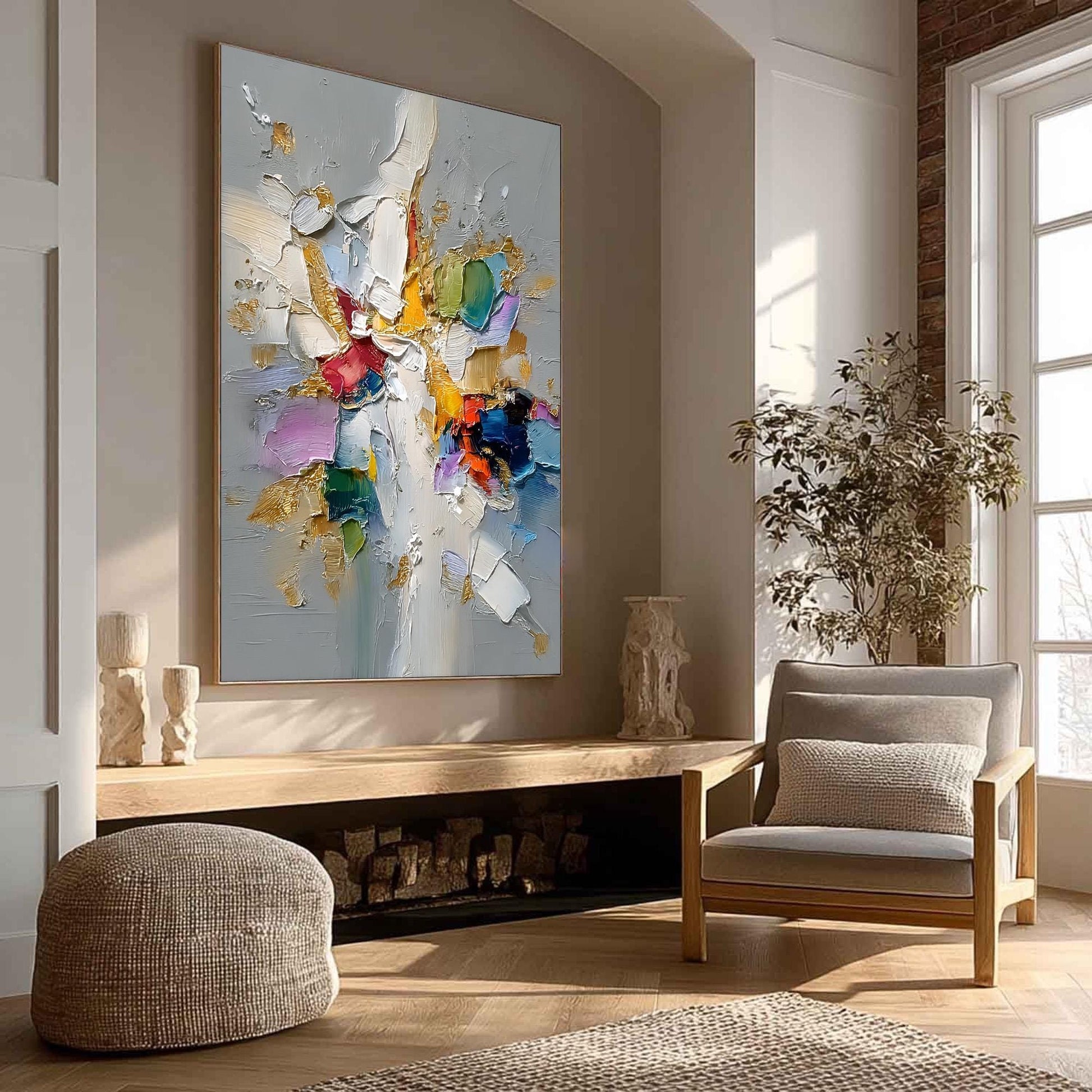 Abstract Textured Impasto Painting with Gold Accents, Colorful Floral Burst Canvas, Modern Wall Art – Colorful Floral Wall Ar