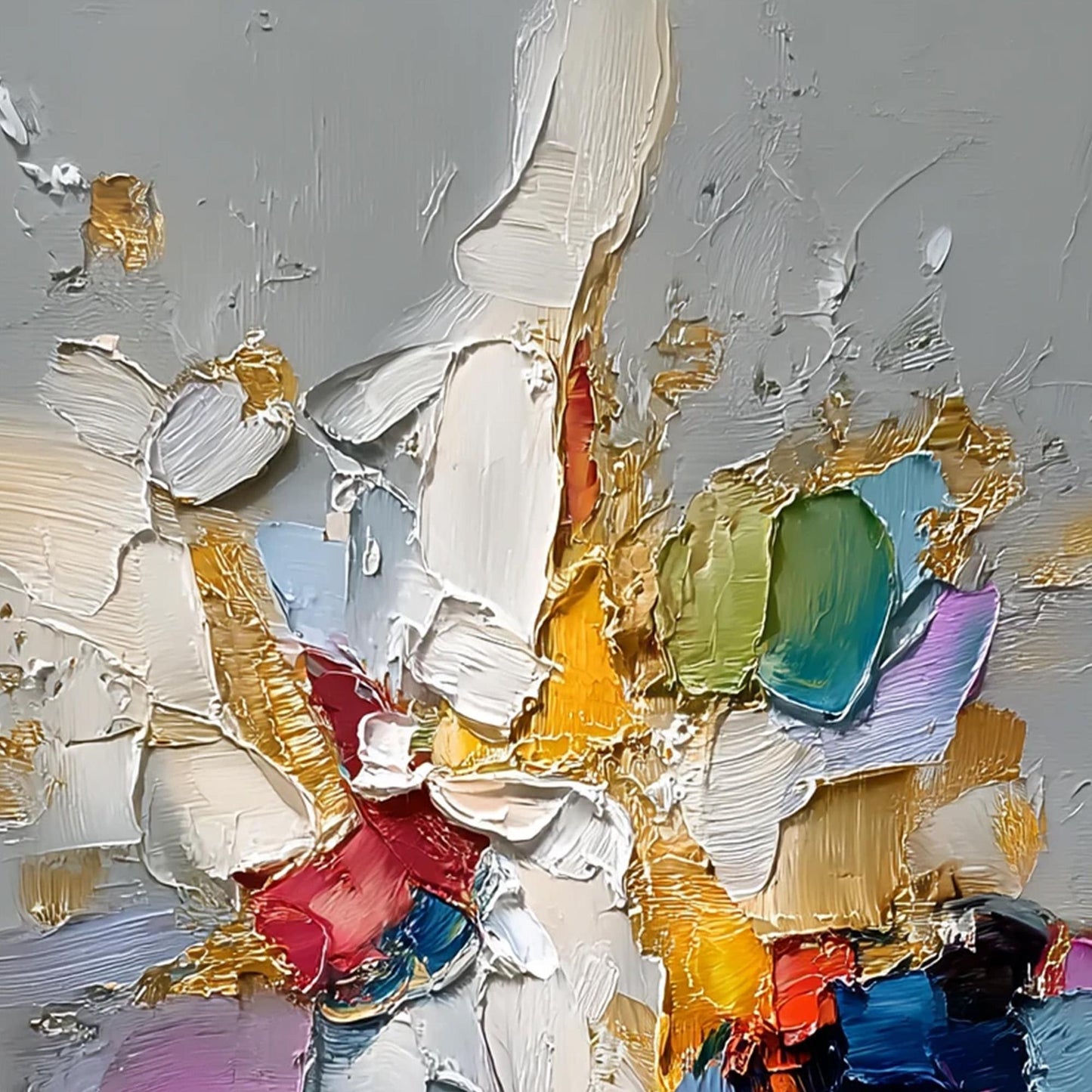 Colorful Abstract Impasto Floral Wall Art – Textured Painting with Gold Accents